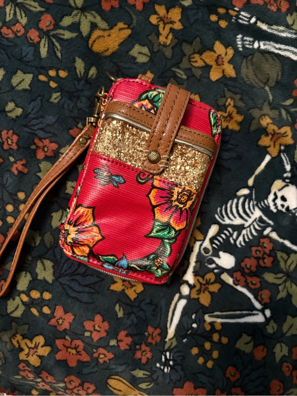 Sakroots Red Floral Wristlet with Gold Glitter and Brown Strap